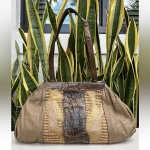 Carlos Falchi Leather Snakeskin Shoulder Bag Purse Beige Tan Brown Vintage 80s